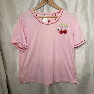 Plus Size y2k Pink Red Cherry Embellished Short Sleeve Tee Shirt Top